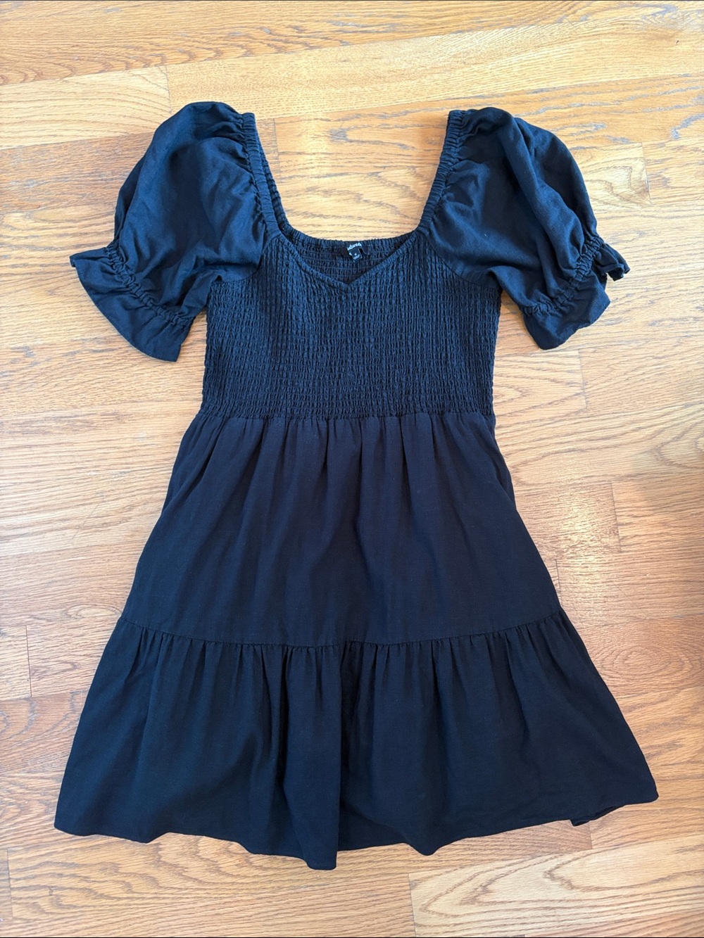 Madewell Linen Black Smocked Puff Sleeve Mini Dress
